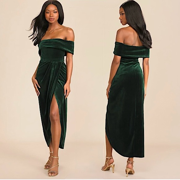 Lulus I'm Enchanted Emerald Green Velvet Off-the-Shoulder Maxi Dress, XL, NWOT - Picture 1 of 16